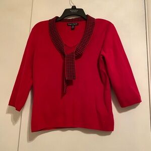Designers Originals Petite (PM) Red Top with Houndstooth Collar, 3/4 Sleeve